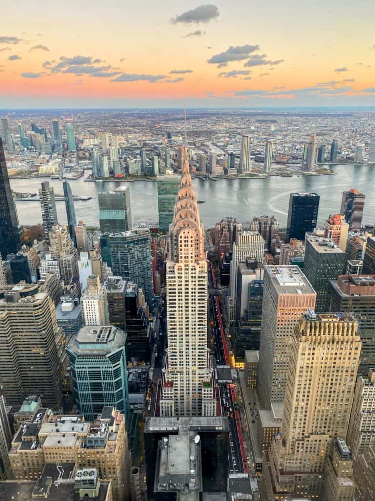 This was a Summit One Photo of the Chrysler Building at Sunset on the Transcendence 1 floor. The top turned a light pink with views of Brooklyn :)  