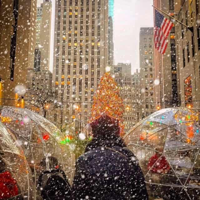 City Winery is one of the coolest NYC Christmas Restaurants. Their igloos are heated and have the best view of the most beautiful tree in town 