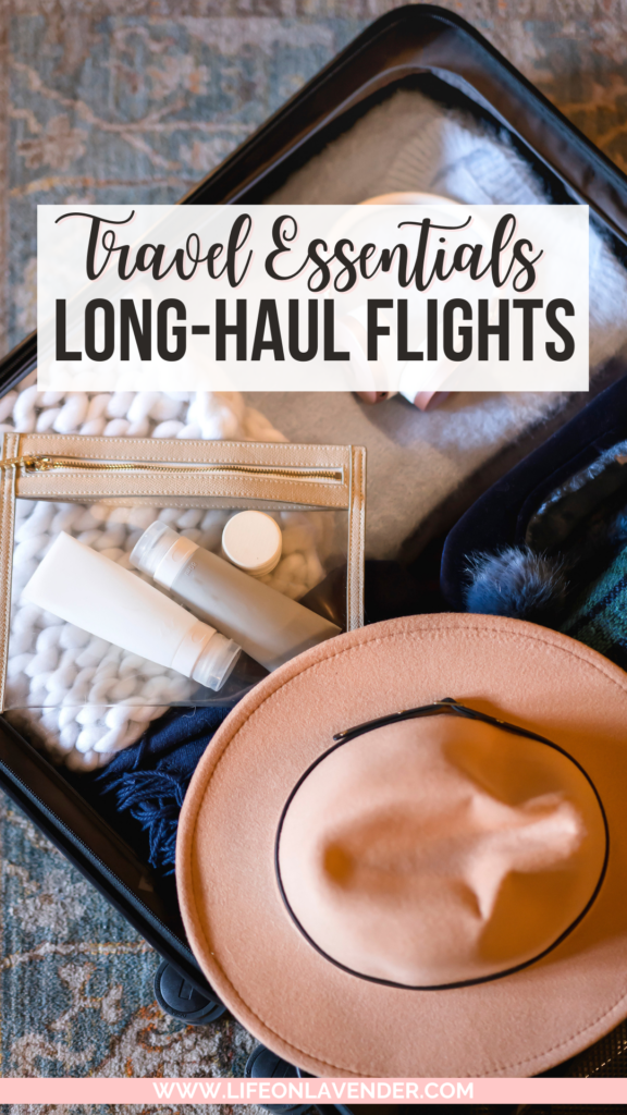 Long Flight Essentials. Pinterest Pin 