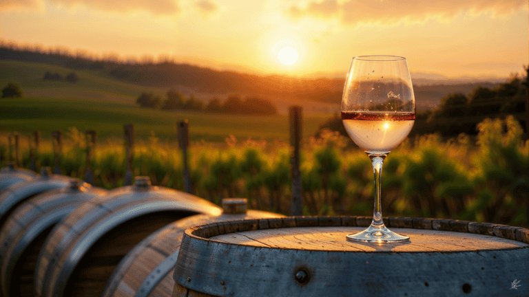 Why Fredericksburg, Texas Is the Ultimate Girls Trip and Bachelorette Party Destination Rosé wine glass on a wine barrel at sunset in a Fredericksburg, Texas vineyard — Hill Country wine tasting guide. Studio France with AI